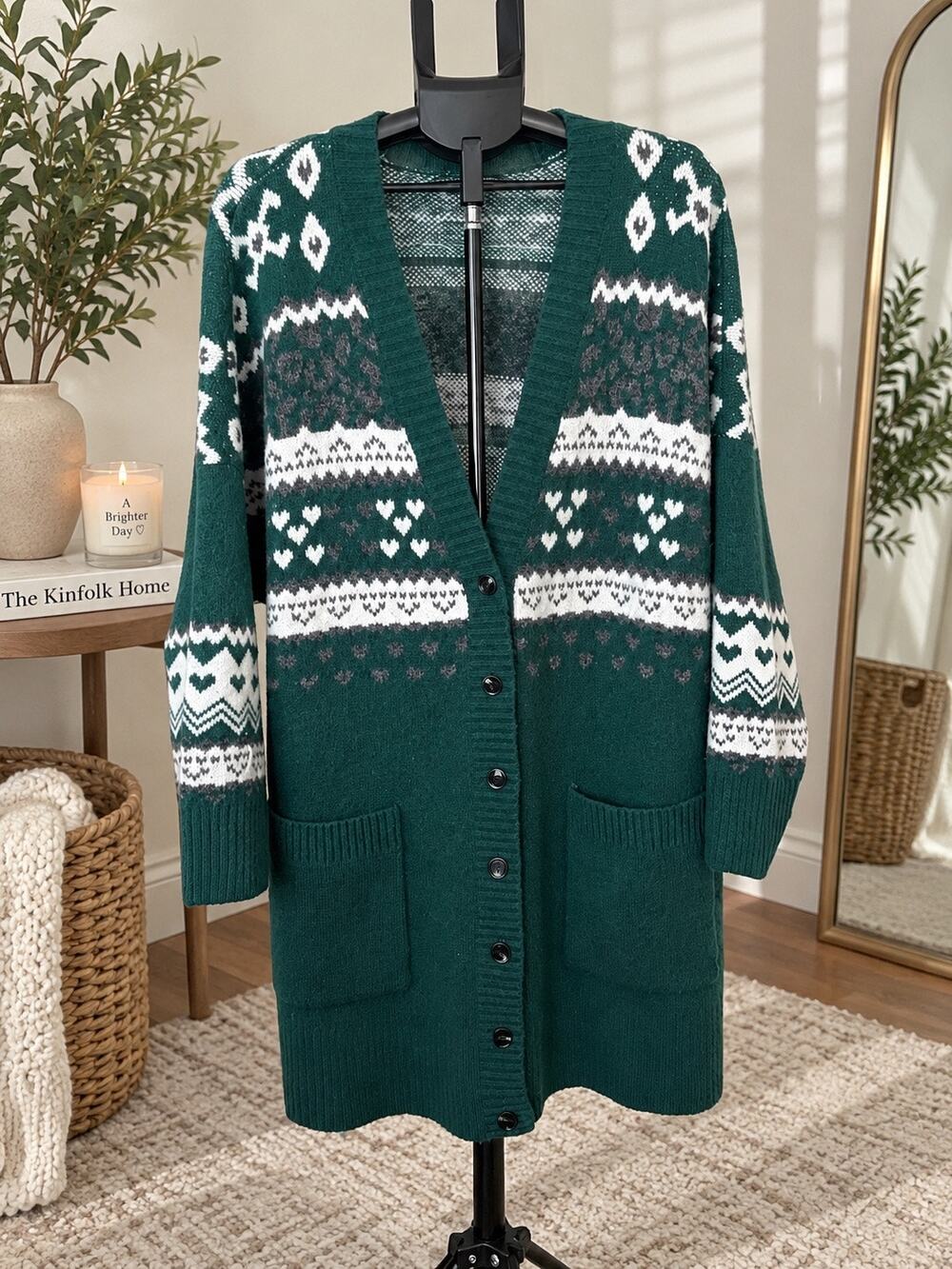 Torrid Size 4 4X Green Fair Isle Longline Cardigan Sweater Button Front